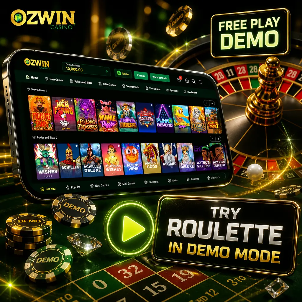 Ozwin demo mode roulette table showing European, American and French wheel options with virtual credit betting